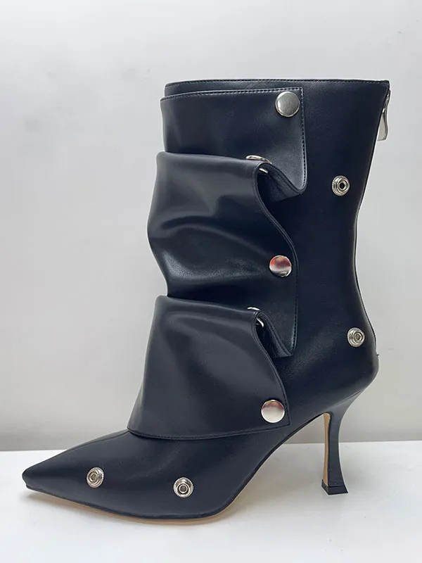 Detachable Designed High Heel Pointed Toe Black Ankle Boots for Women