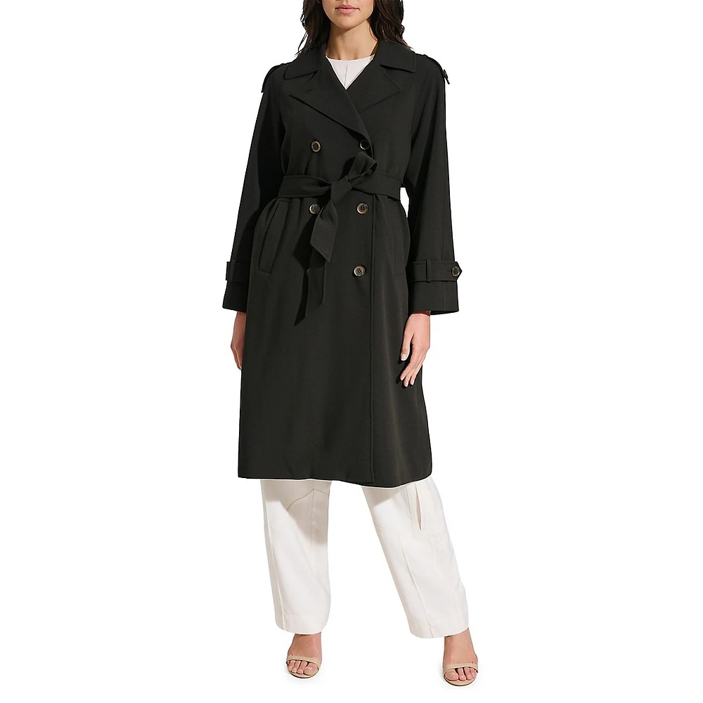 DKNY Crepe Trench Coat with Double-Breasted Design