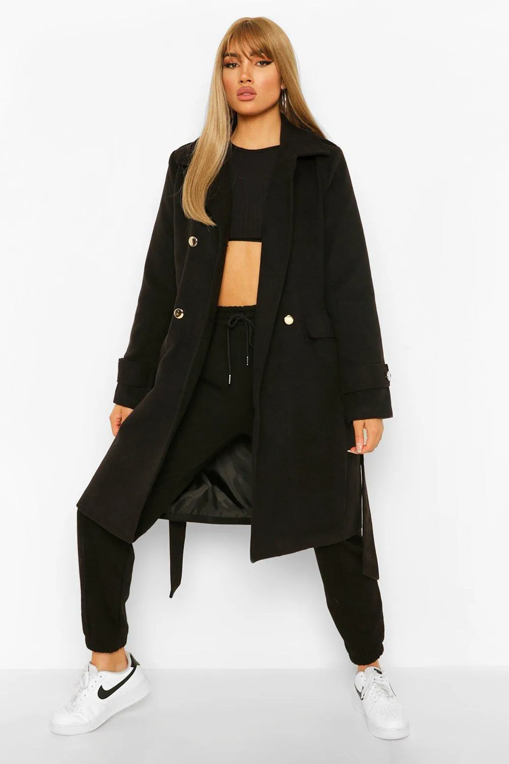 Double Breasted Military Belted Wool Look Coat