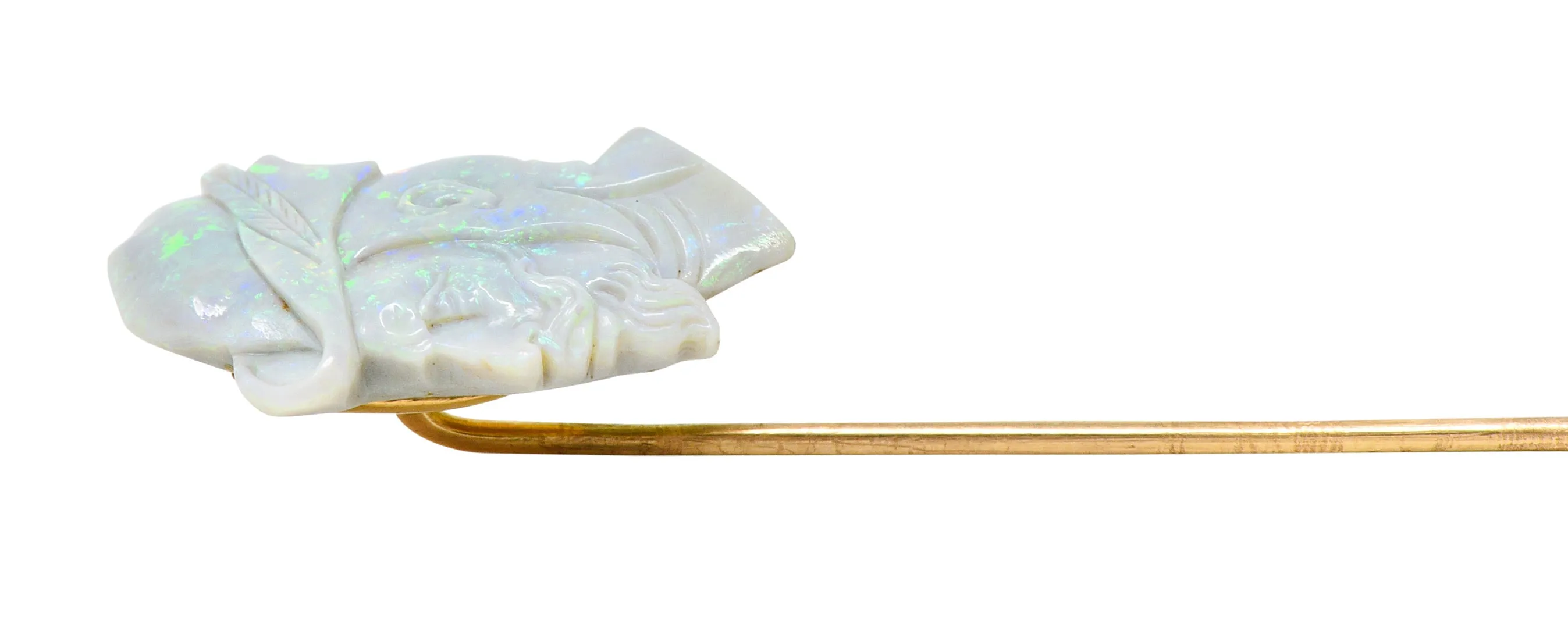 Edwardian Opal 14K Gold Carved Cameo Derby Stickpin - Top-quality Antique Jewelry