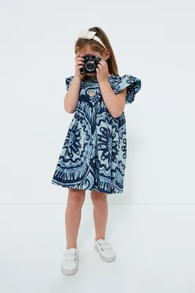 Exclusive Blue Charlough Print Flutter Sleeve Dress