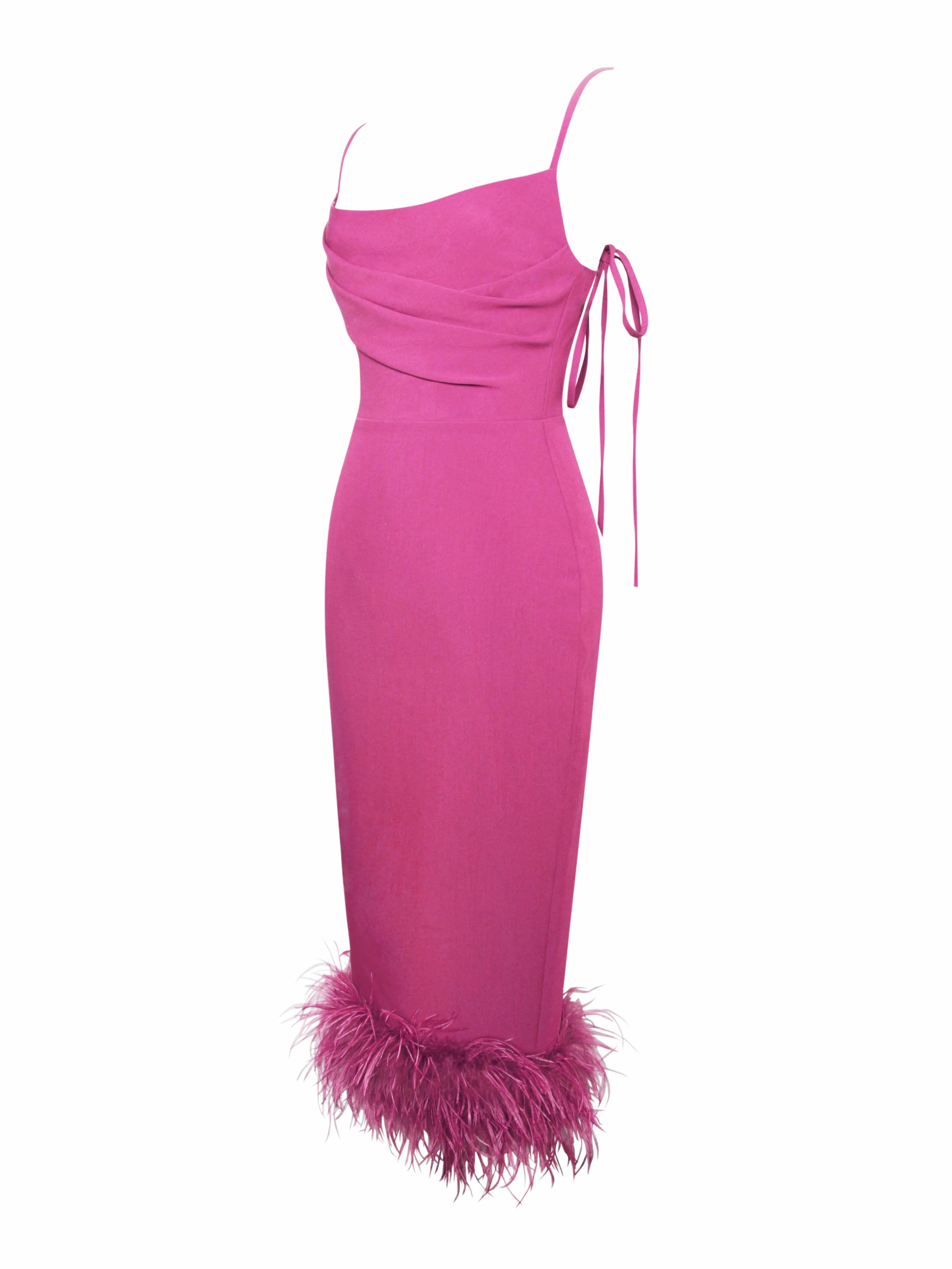 Fiona Fuchsia Feather Trim Bottom Maxi Dress