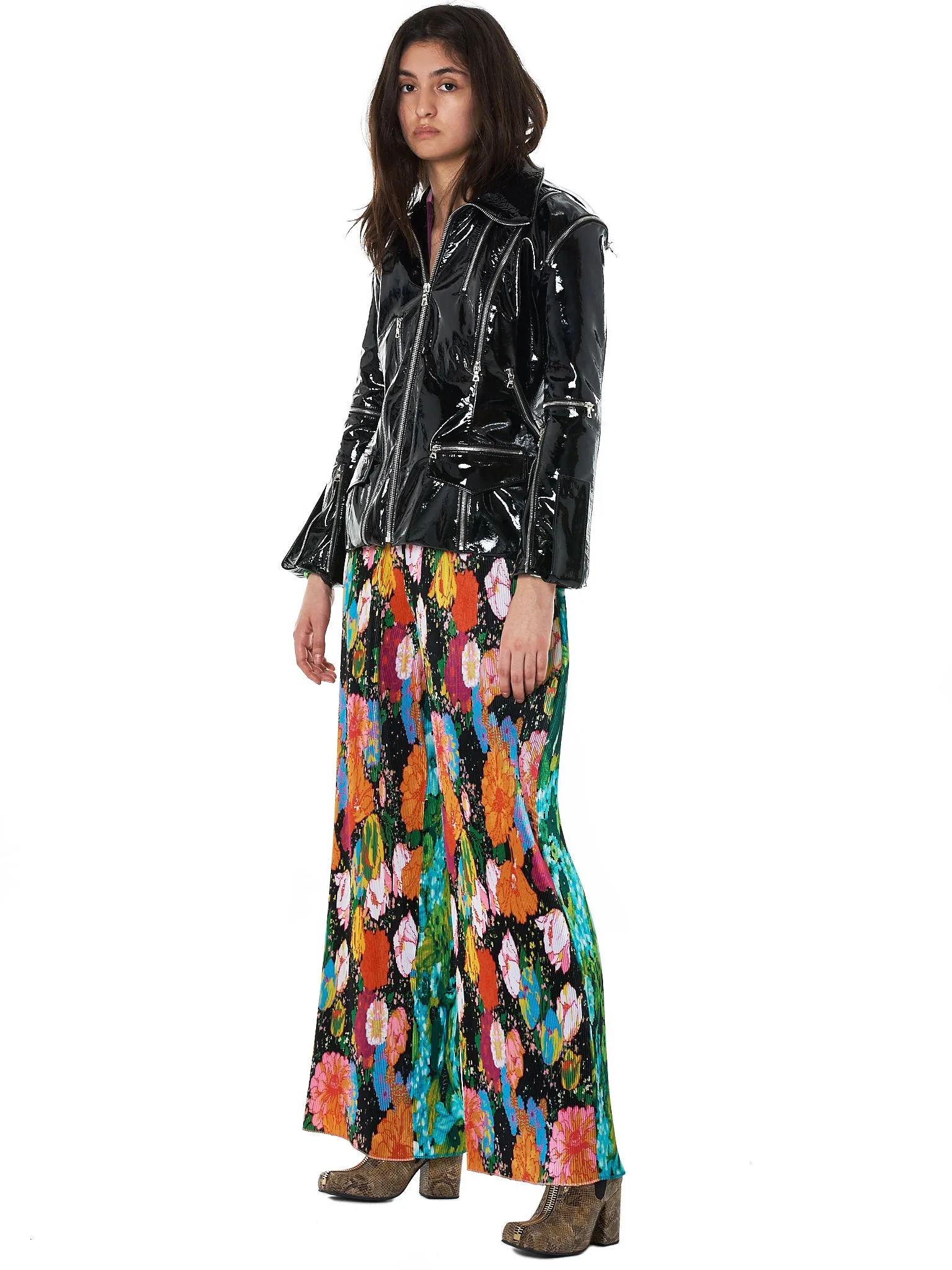 Floral Plissé Trousers (RQ45-BLACK-FLORAL-MIX)