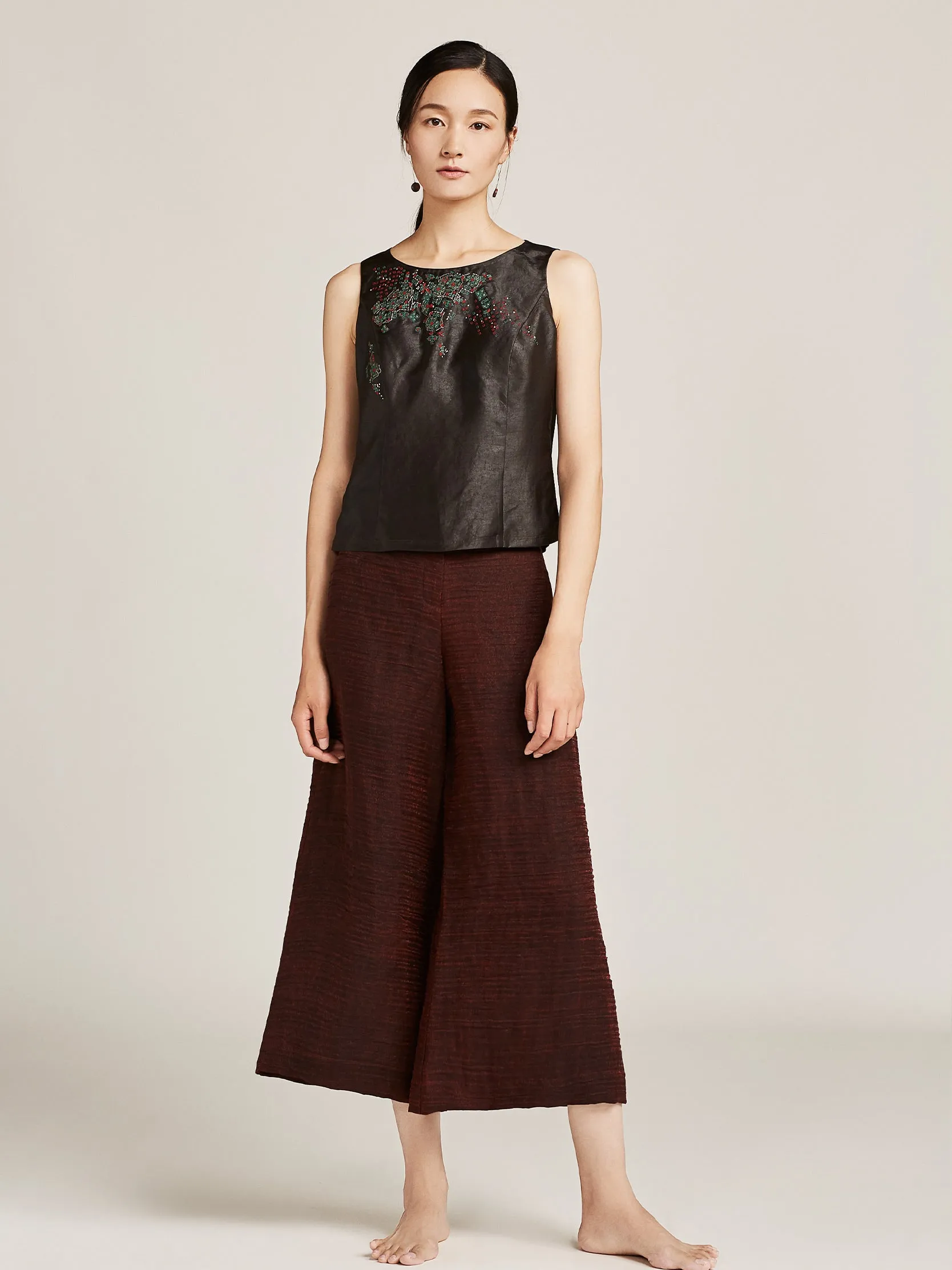 Gambiered Guangdong Linen-Silk Wide-Leg Trousers