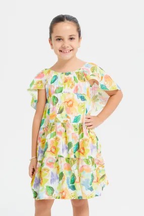 Girls Beige Printed Tiered Dress