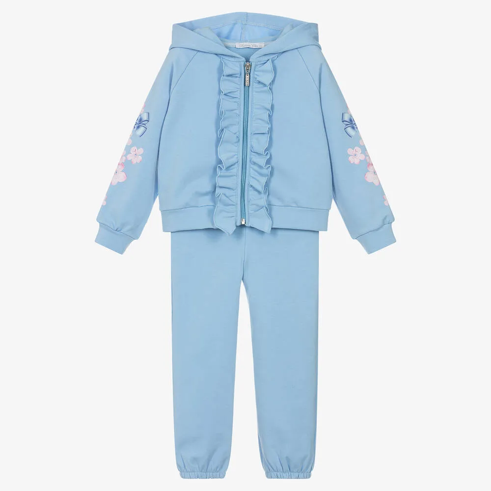 Girls Blue Cotton Ruffle Tracksuit