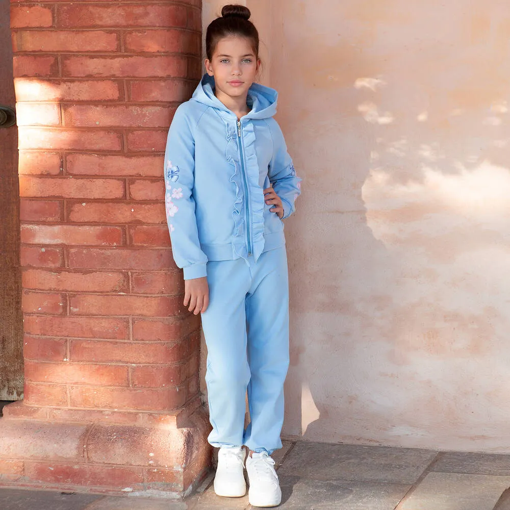 Girls Blue Cotton Ruffle Tracksuit