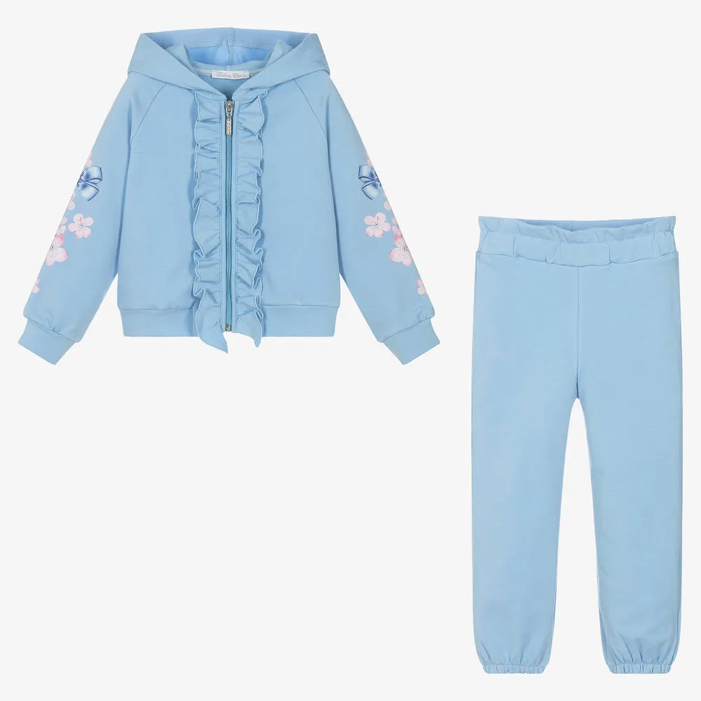 Girls Blue Cotton Ruffle Tracksuit