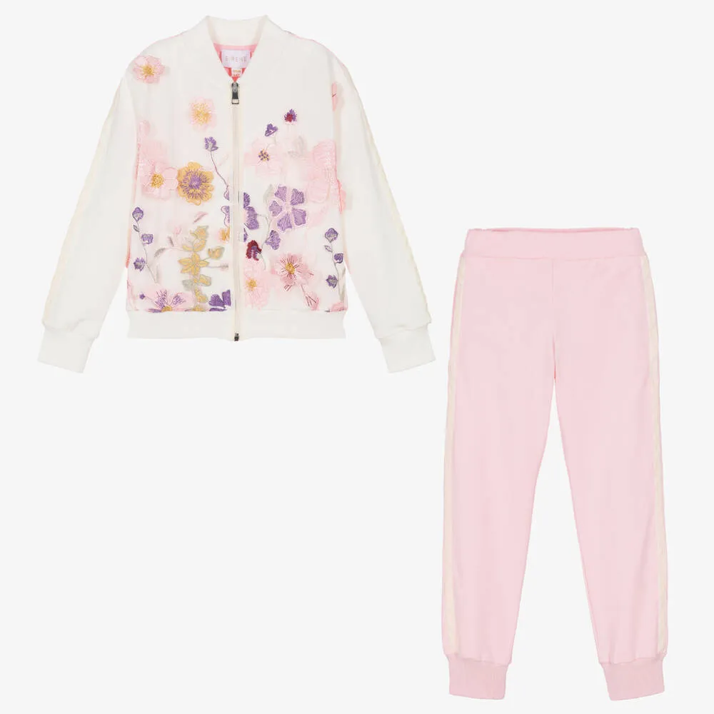 Girls Ivory & Pink Floral Tracksuit