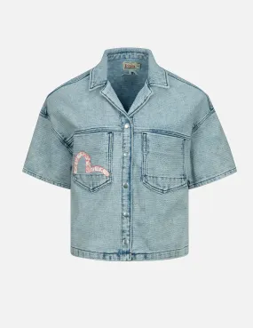 Graffiti Seagull Print Boxy Denim Shirt