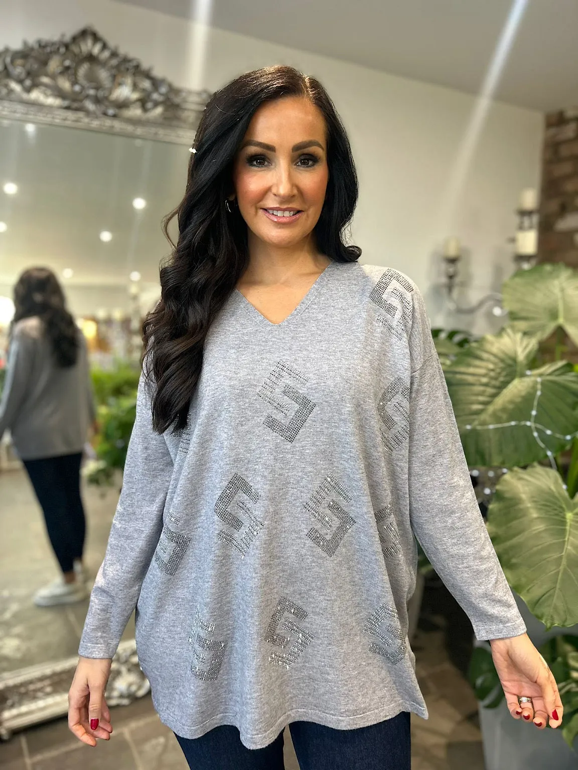 Gray Diamante Greek Key Knit Gail