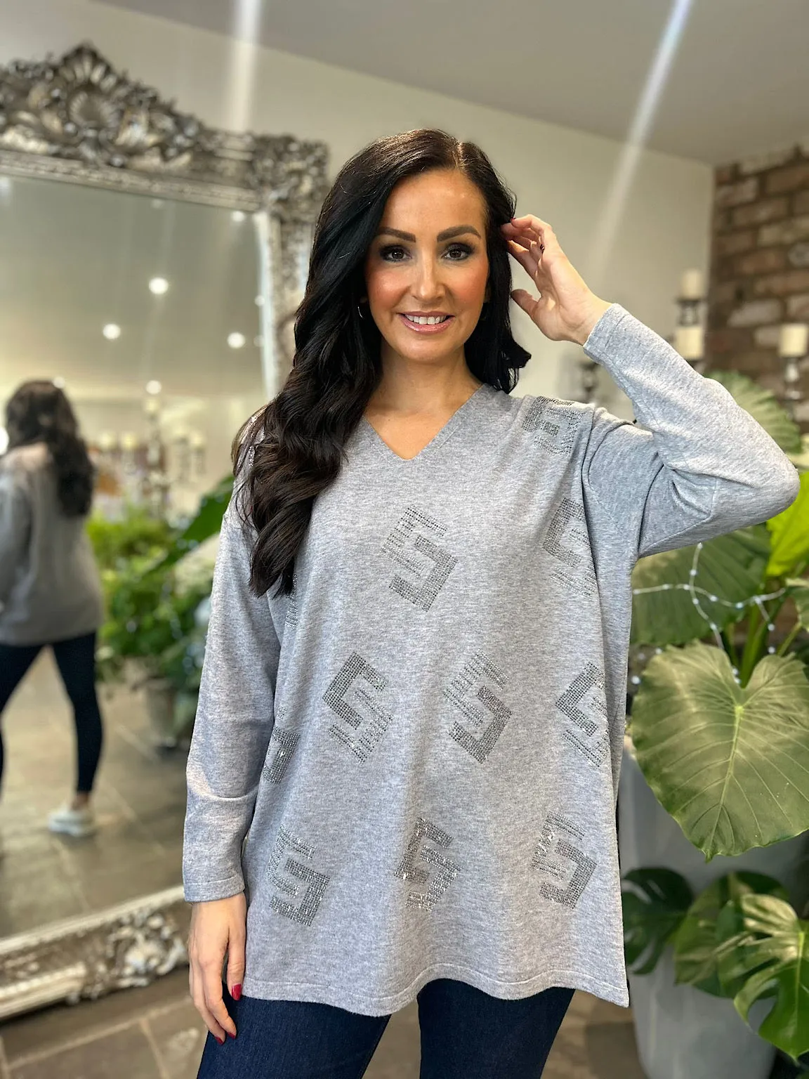 Gray Diamante Greek Key Knit Gail