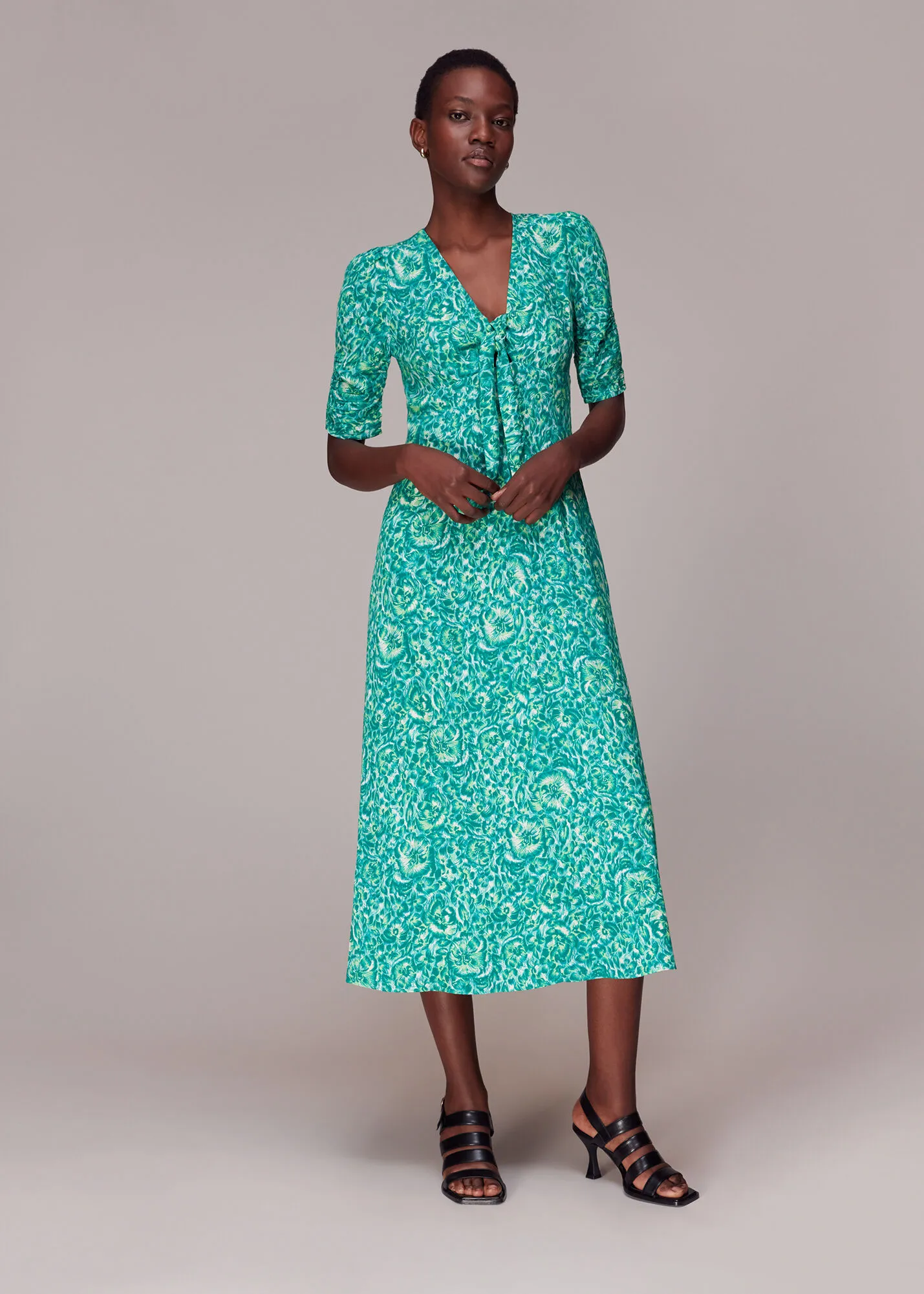 Green Clouded Floral Tie Midi Dress