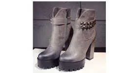 High Top Grey Leather Military Boots Platform Heels