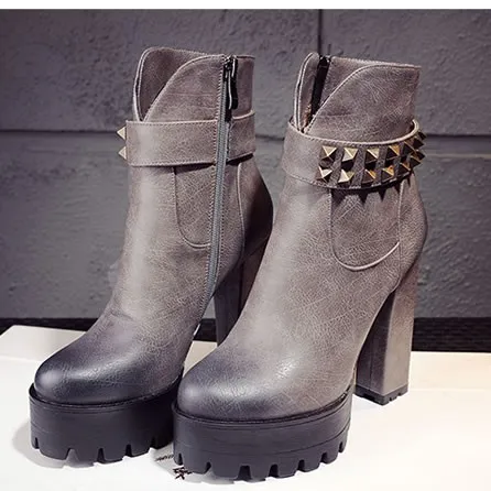 High Top Grey Leather Military Boots Platform Heels