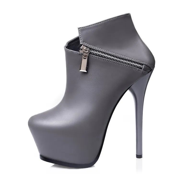 Grey Side Zipper Ankle Stiletto Platforms Boots