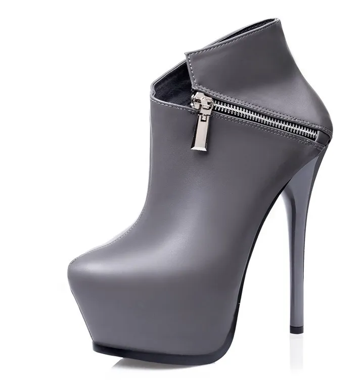 Grey Side Zipper Ankle Stiletto Platforms Boots