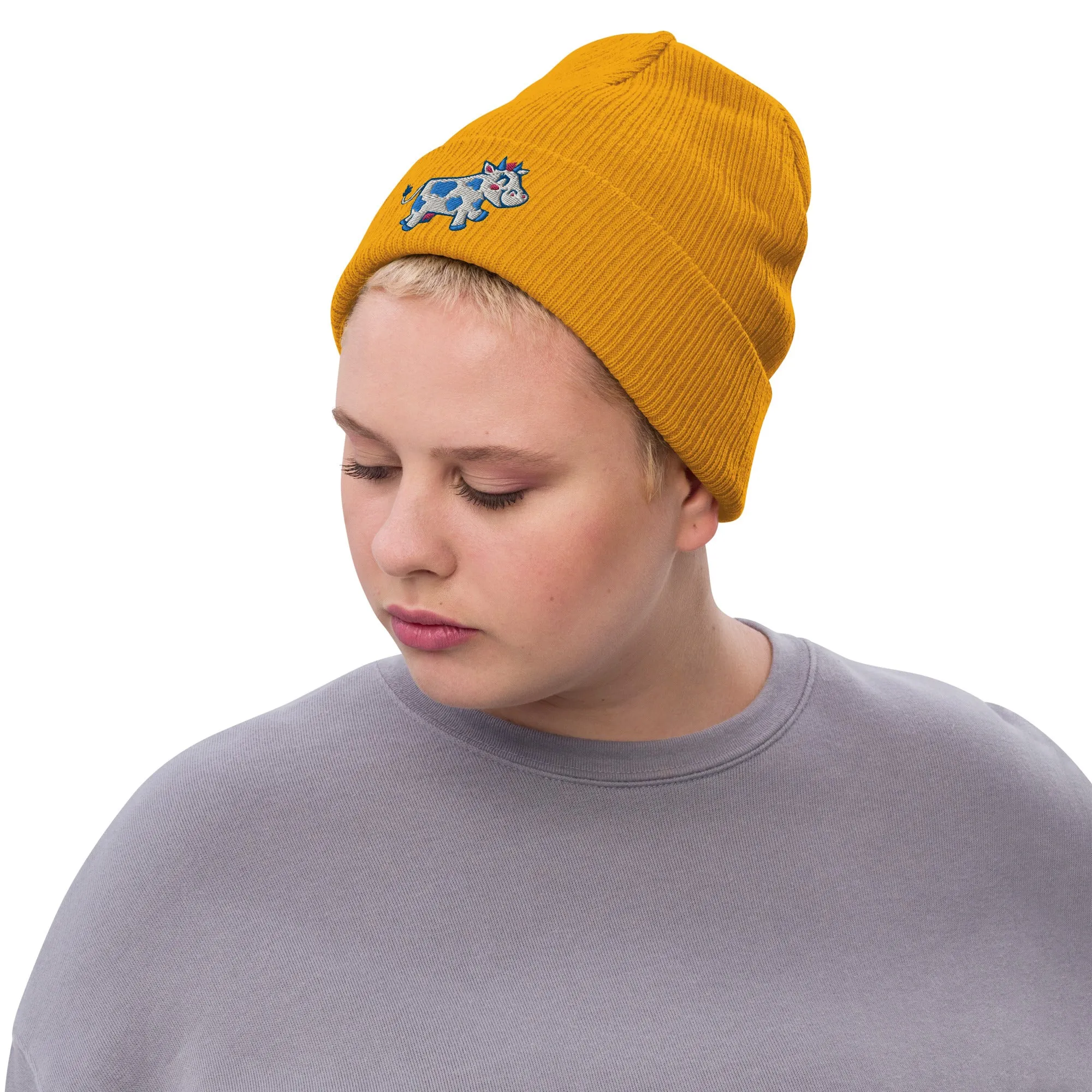 Happy Cow Embroidered Ribbed Knit Beanie