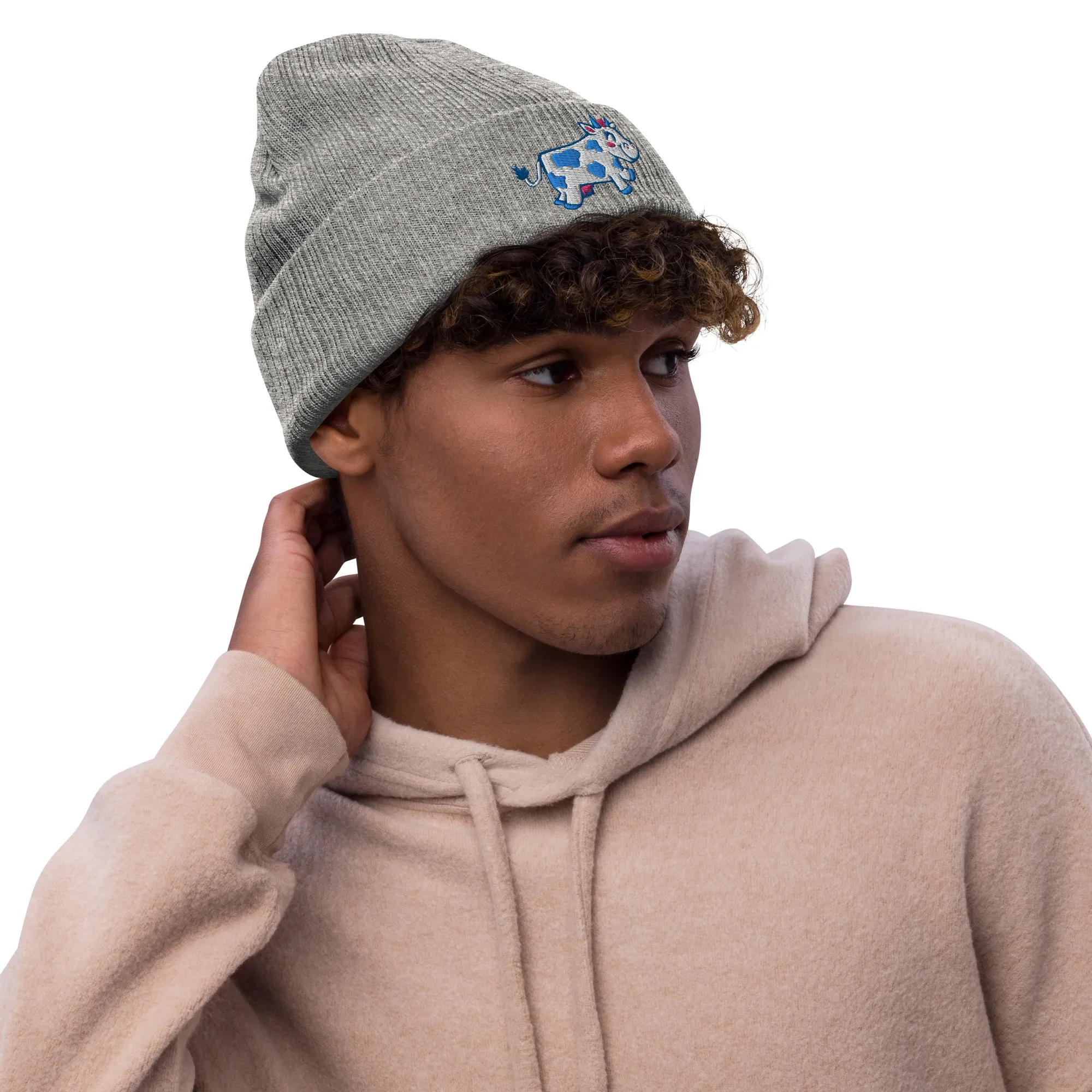 Happy Cow Embroidered Ribbed Knit Beanie