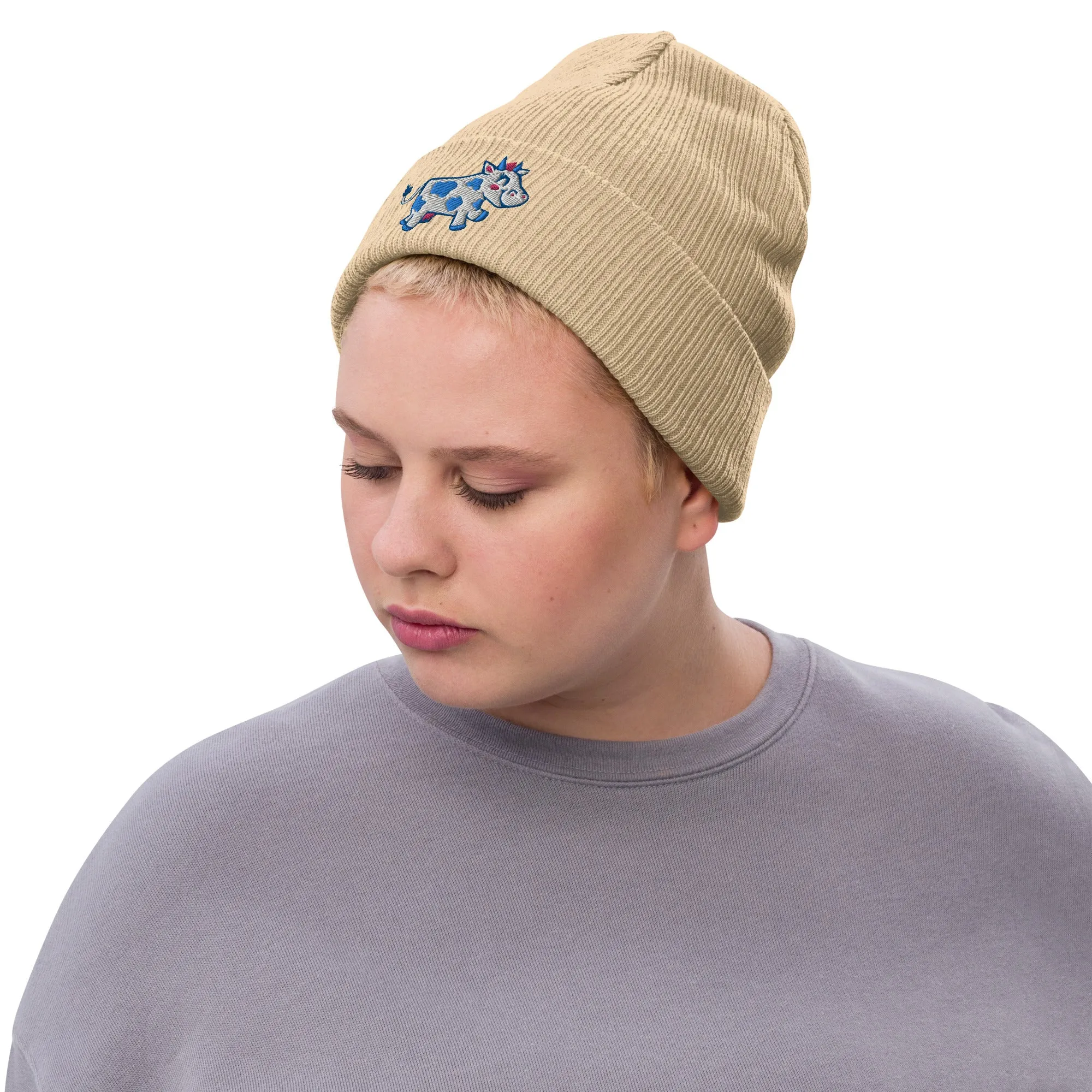 Happy Cow Embroidered Ribbed Knit Beanie