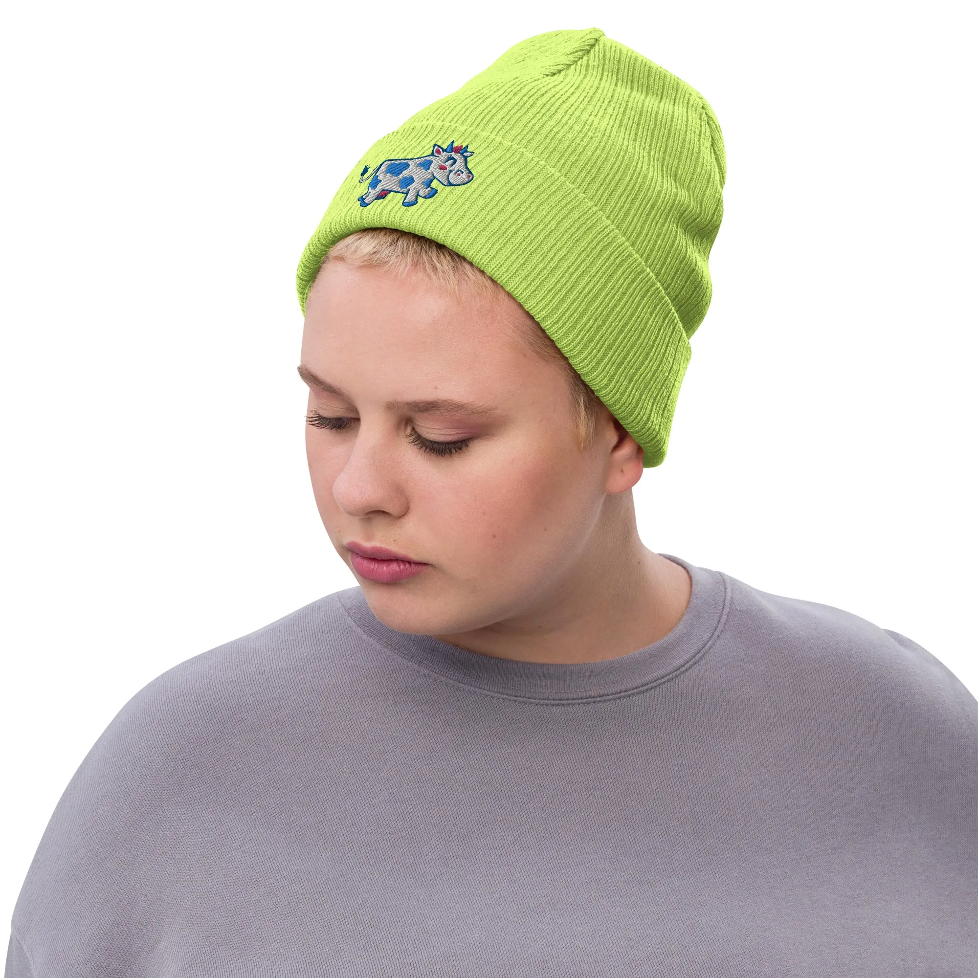 Happy Cow Embroidered Ribbed Knit Beanie