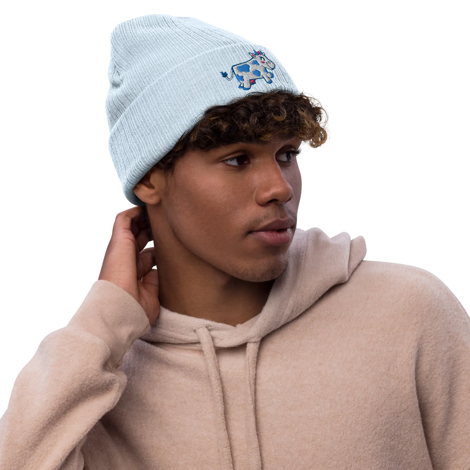 Happy Cow Embroidered Ribbed Knit Beanie