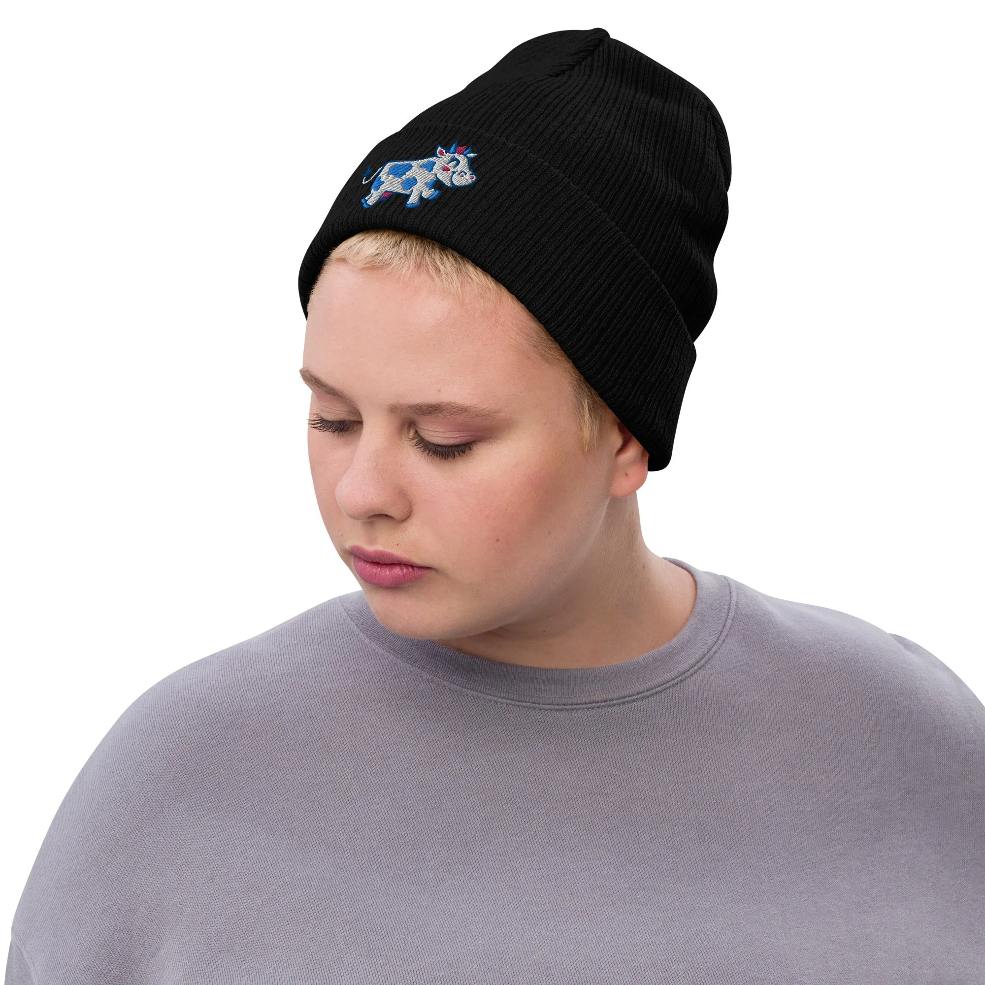 Happy Cow Embroidered Ribbed Knit Beanie