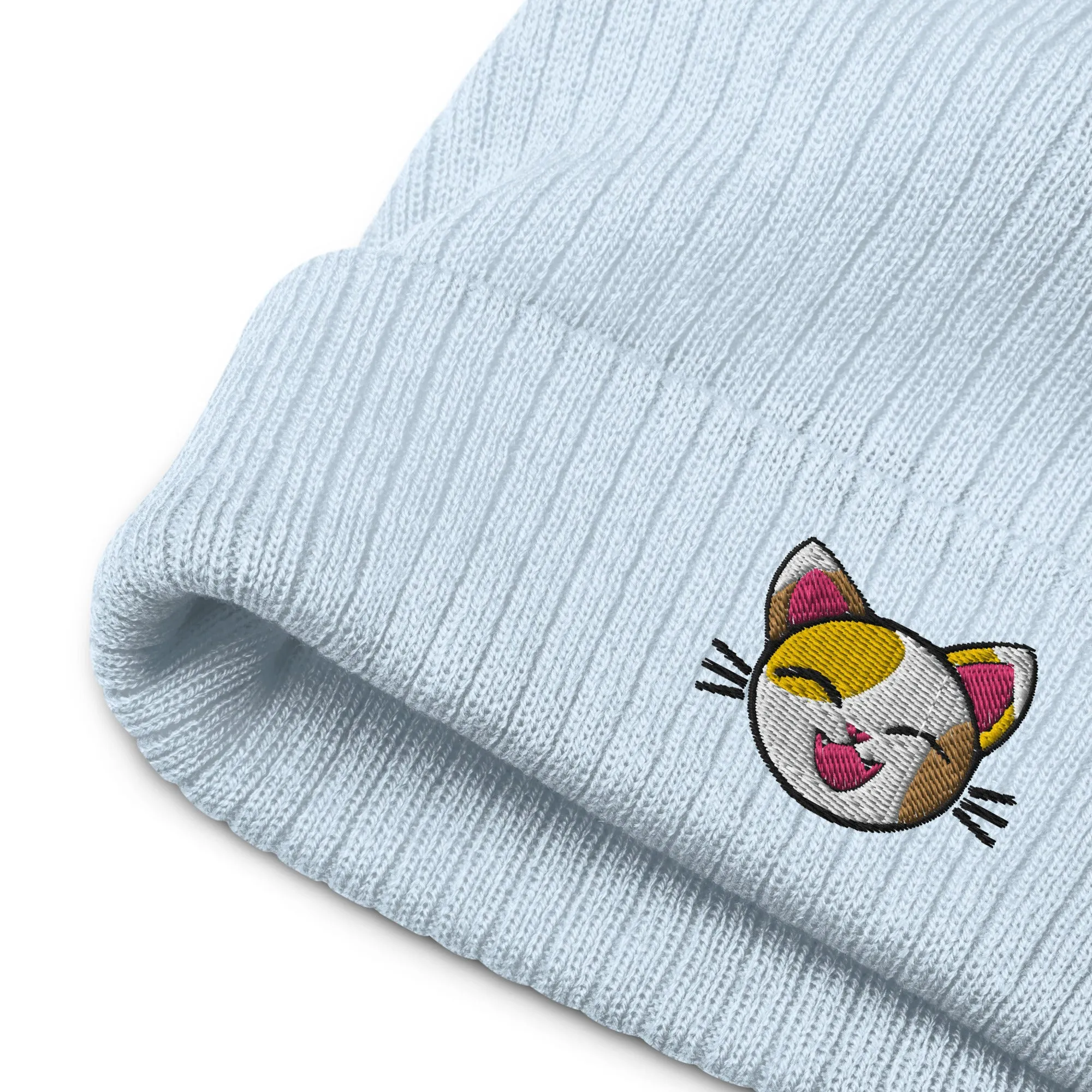 Happy Lucky Cat Ribbed Knit Beanie