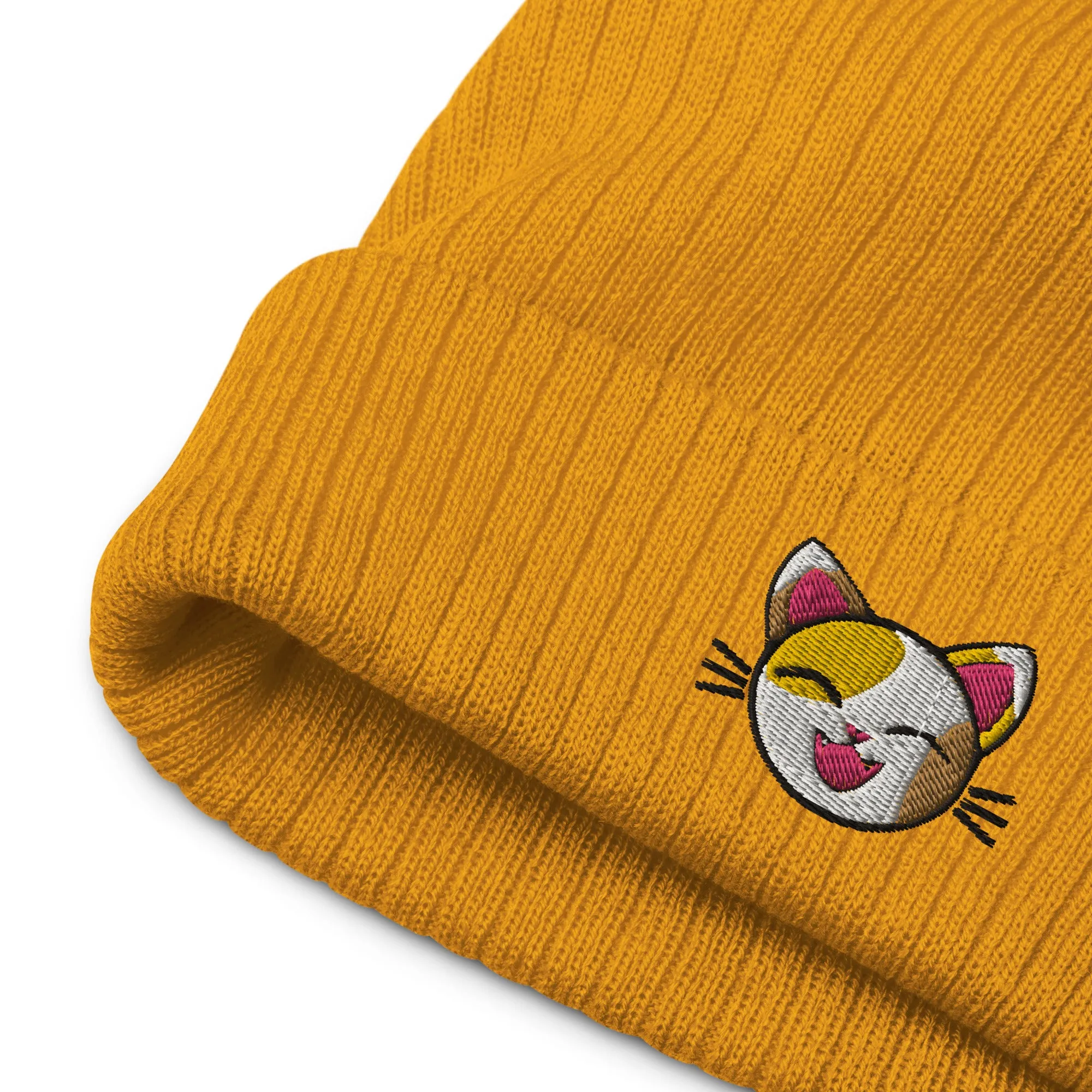 Happy Lucky Cat Ribbed Knit Beanie