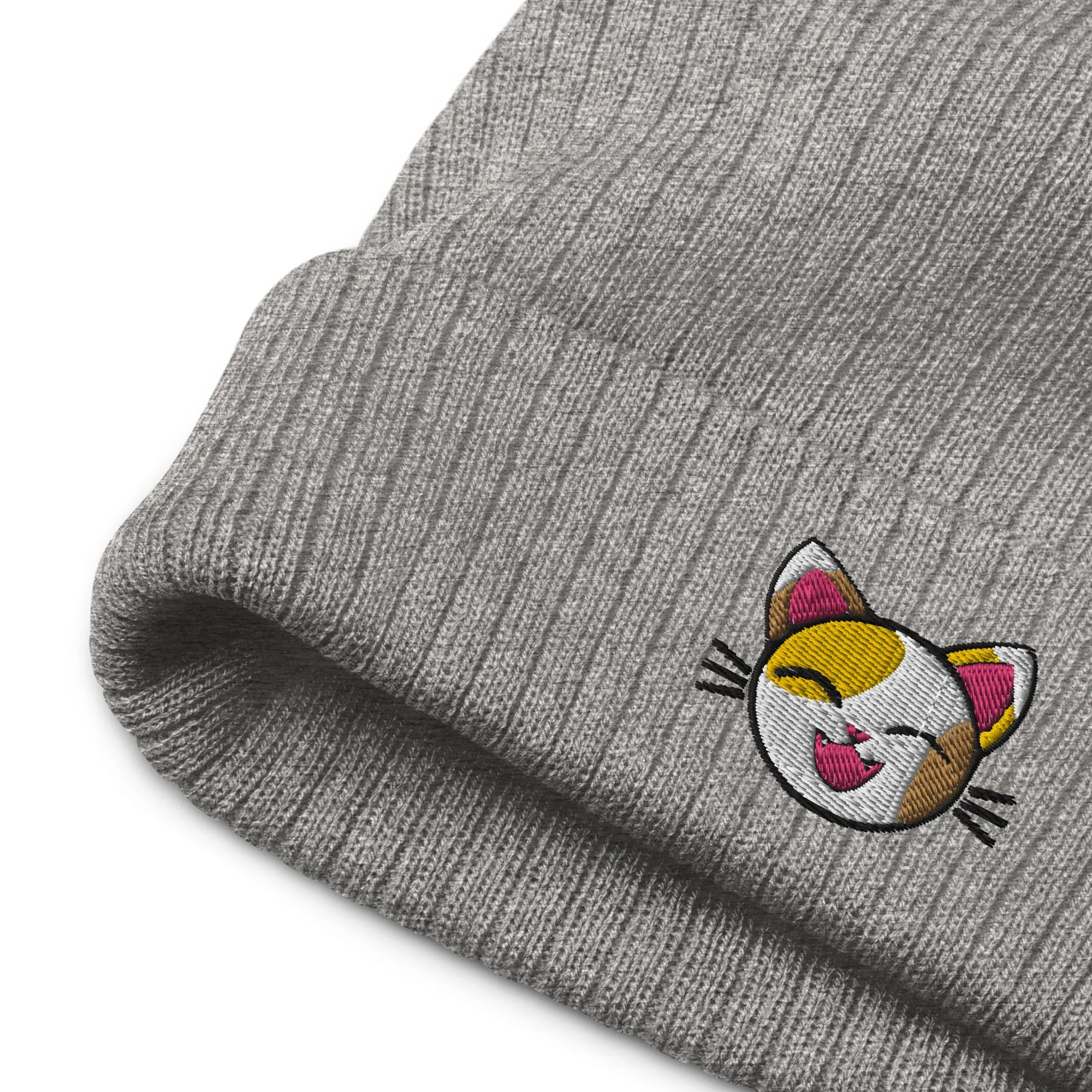 Happy Lucky Cat Ribbed Knit Beanie