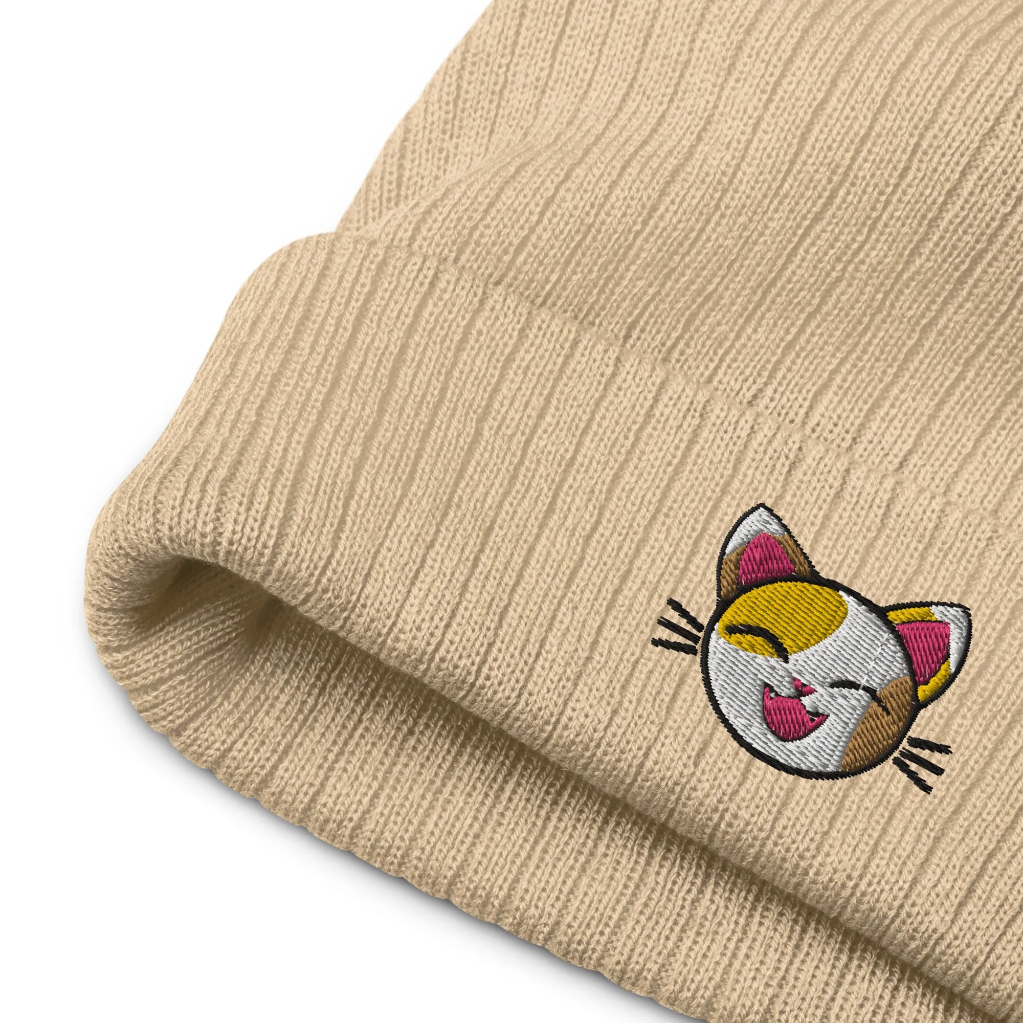 Happy Lucky Cat Ribbed Knit Beanie