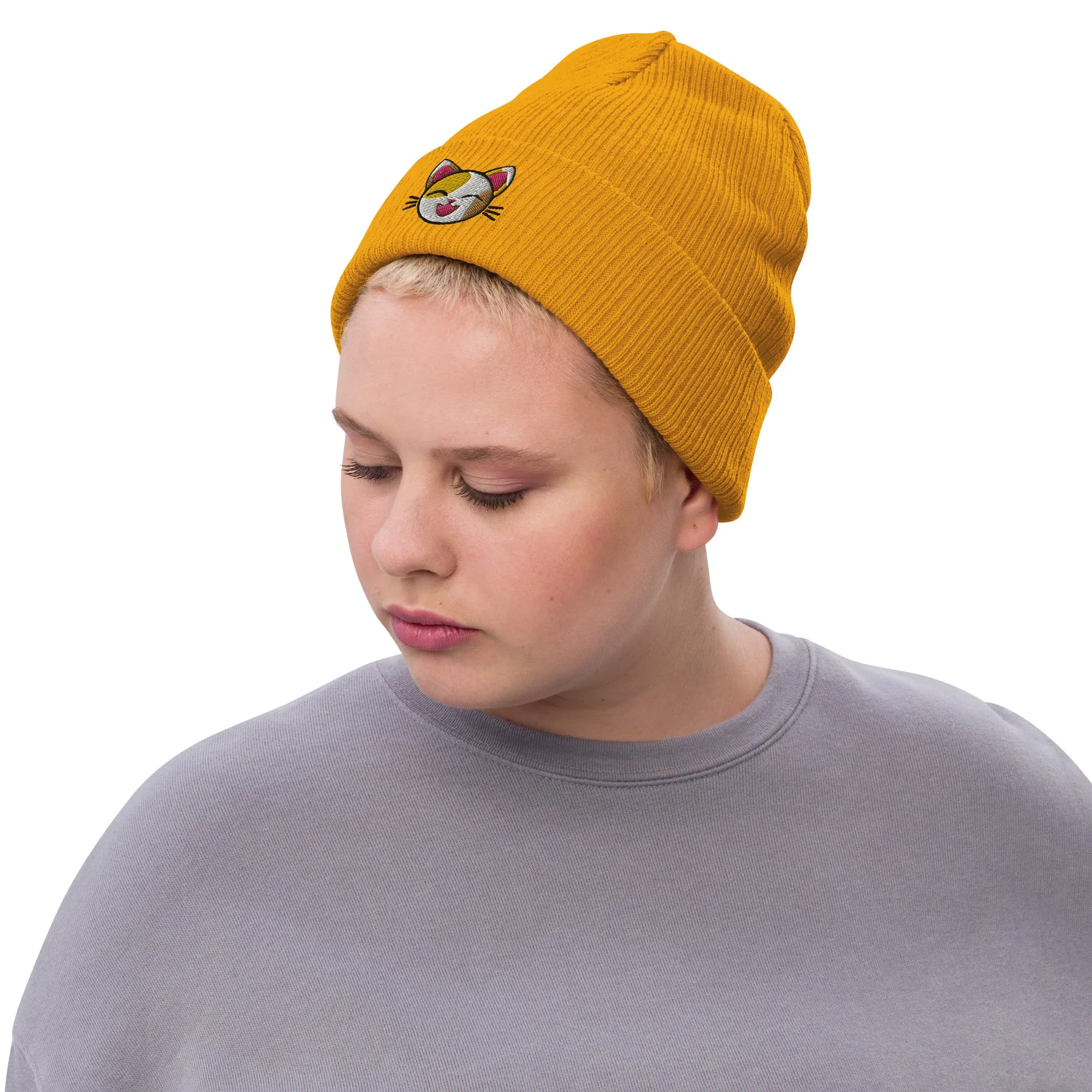 Happy Lucky Cat Ribbed Knit Beanie