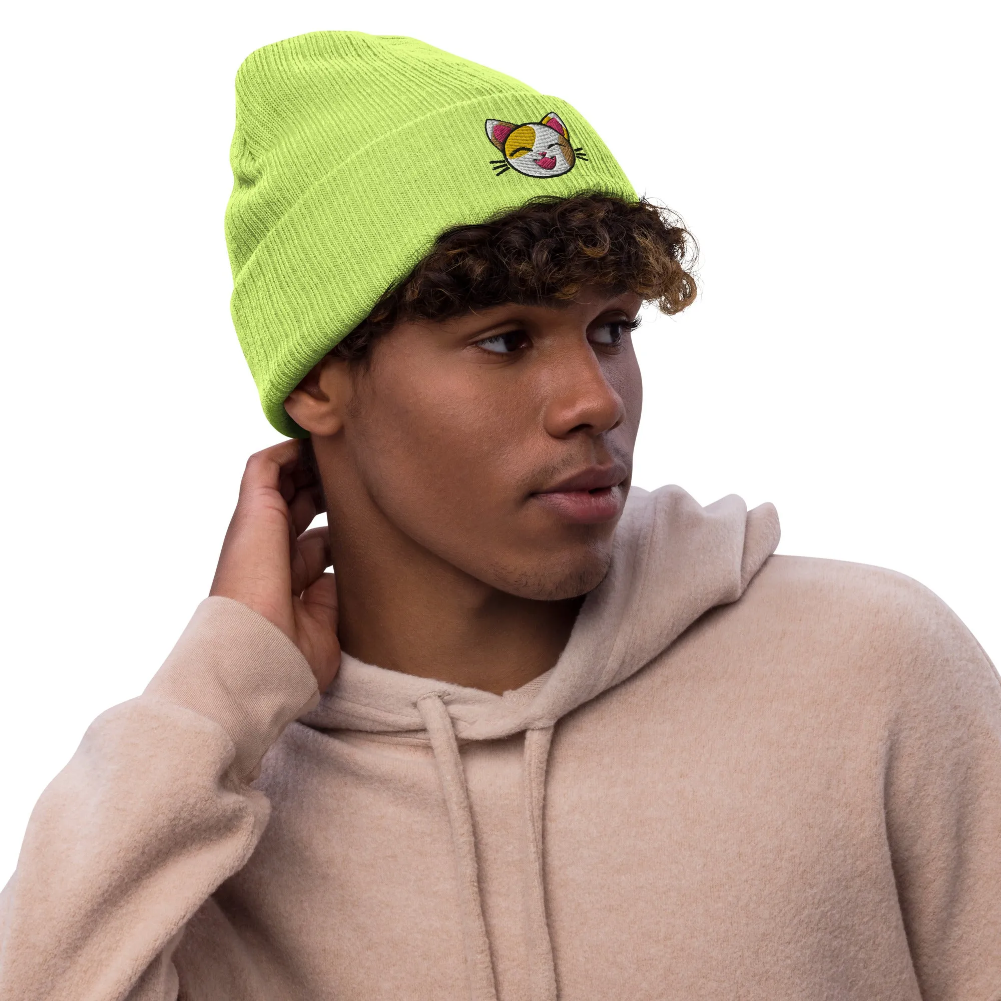 Happy Lucky Cat Ribbed Knit Beanie