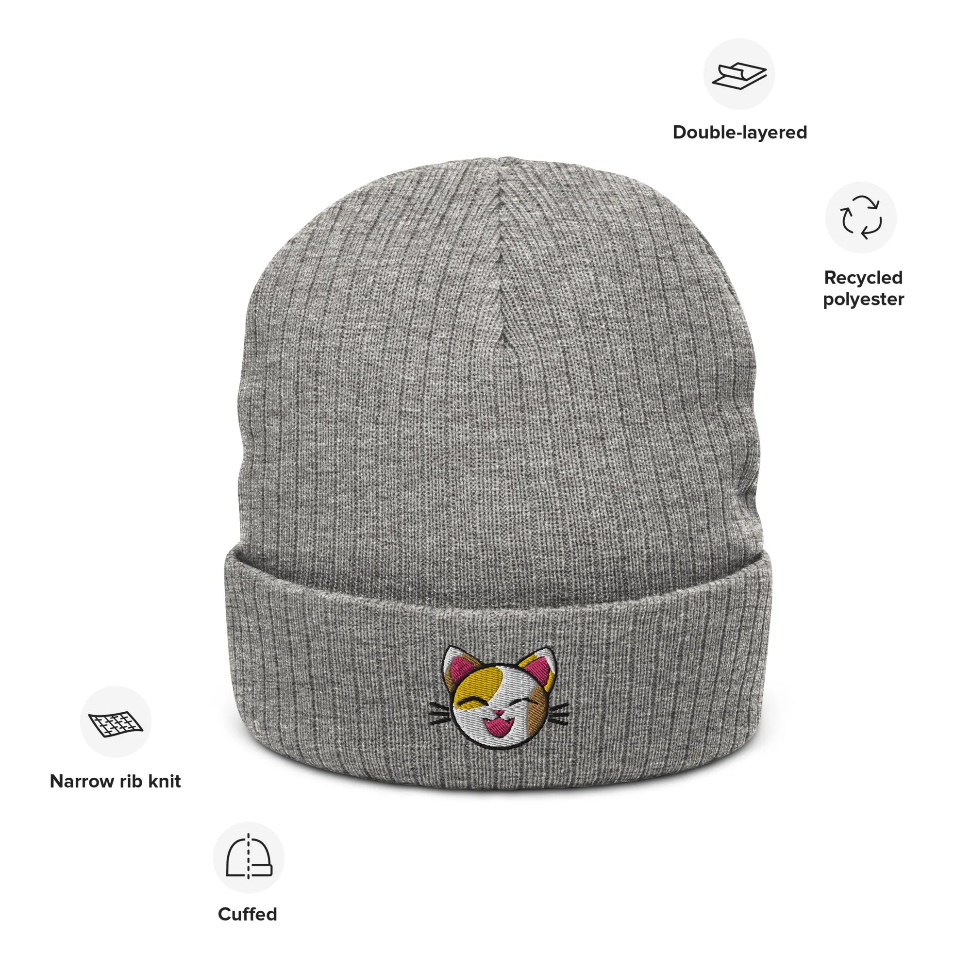 Happy Lucky Cat Ribbed Knit Beanie