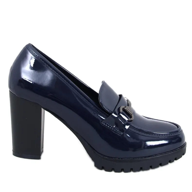 Dark blue patent heel moccasins for women by Hyett