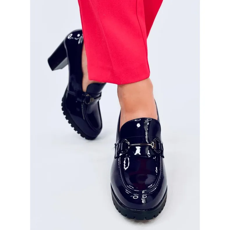 Dark blue patent heel moccasins for women by Hyett