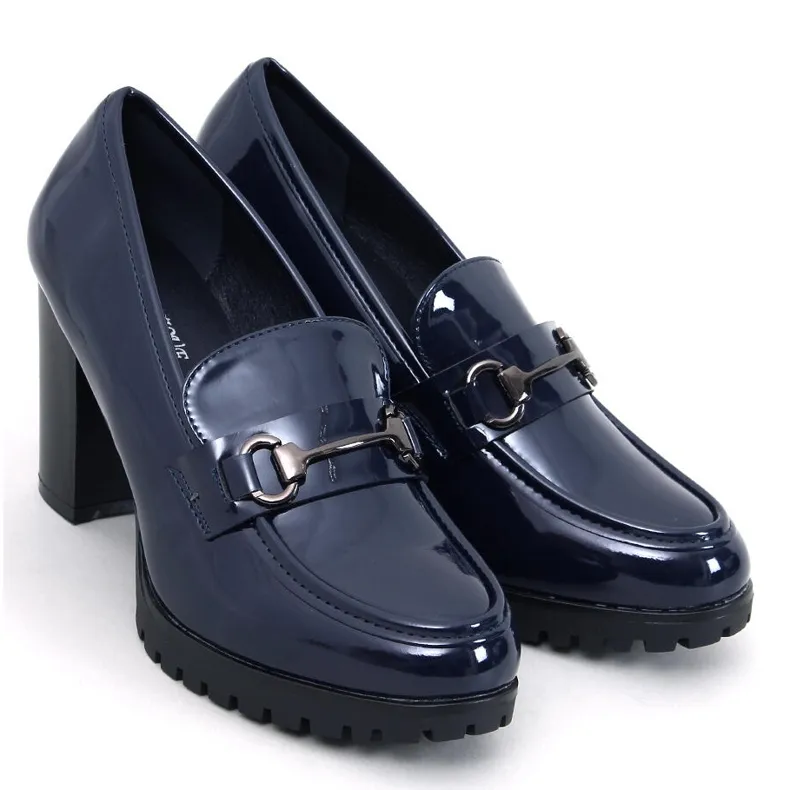 Dark blue patent heel moccasins for women by Hyett