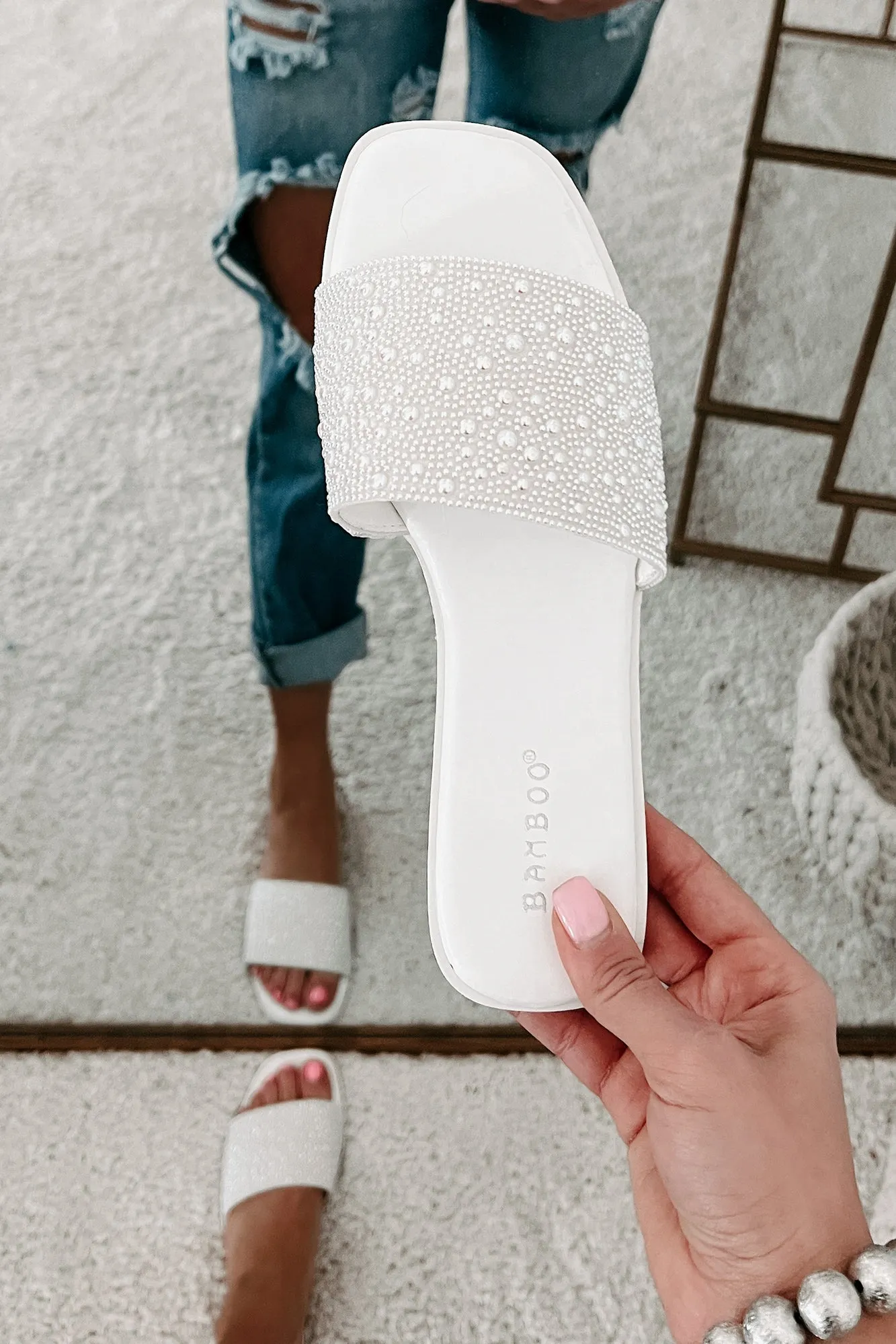 Just Too Pretty Beaded Pearl Flat Sandals (White)