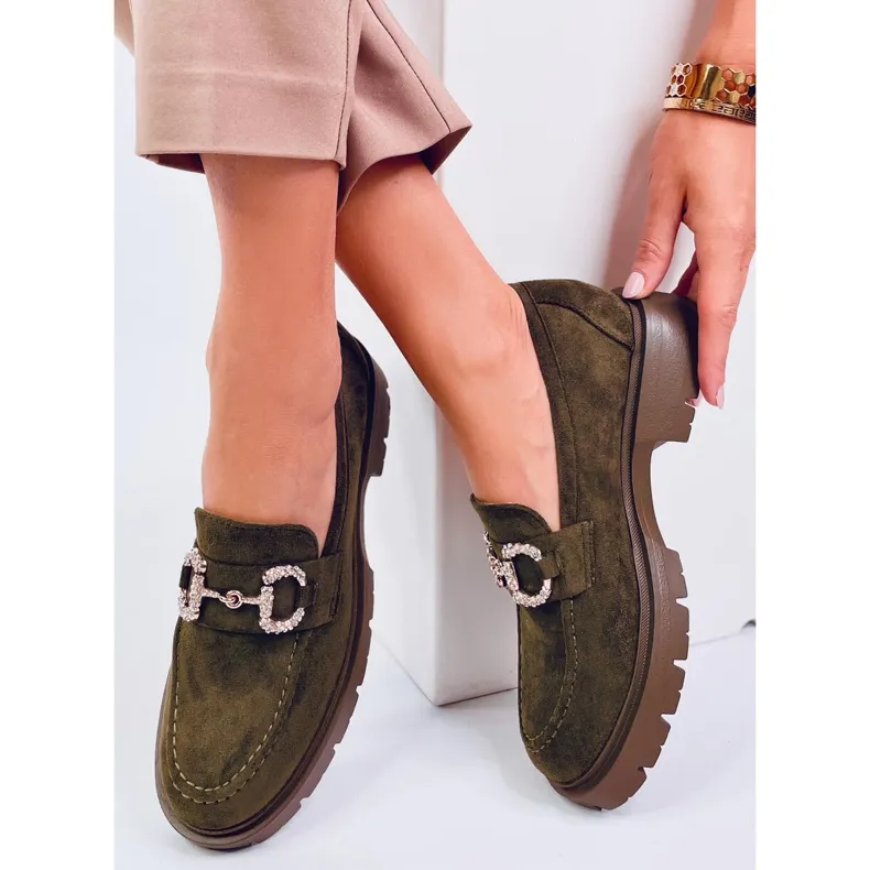 Green suede moccasins with buckle