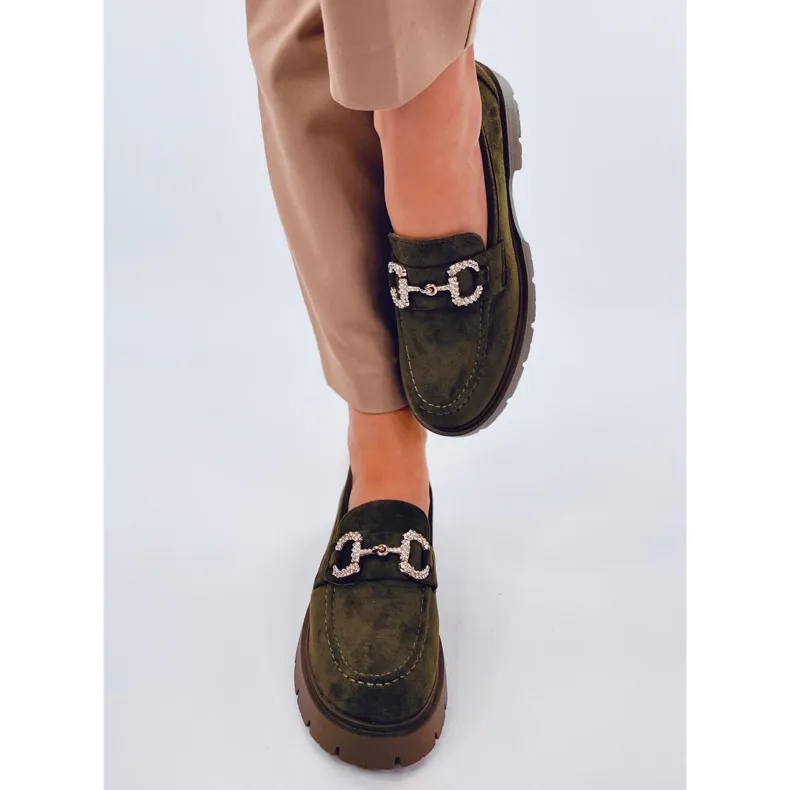 Green suede moccasins with buckle