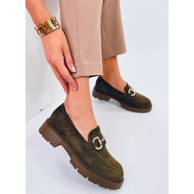 Green suede moccasins with buckle