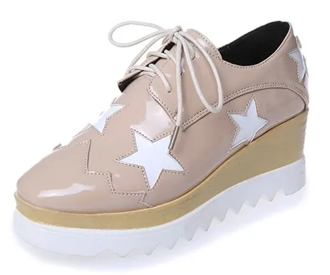 Khaki Brown Patent Leather Star Lace-Up Platforms Wedges Oxfords