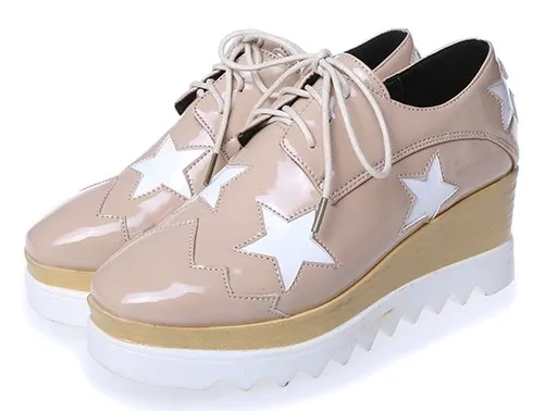 Khaki Brown Patent Leather Star Lace-Up Platforms Wedges Oxfords