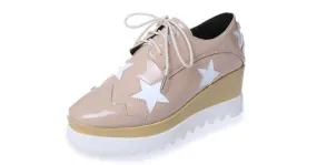 Khaki Brown Patent Leather Star Lace-Up Platforms Wedges Oxfords