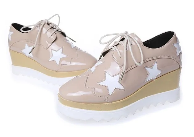 Khaki Brown Patent Leather Star Lace-Up Platforms Wedges Oxfords