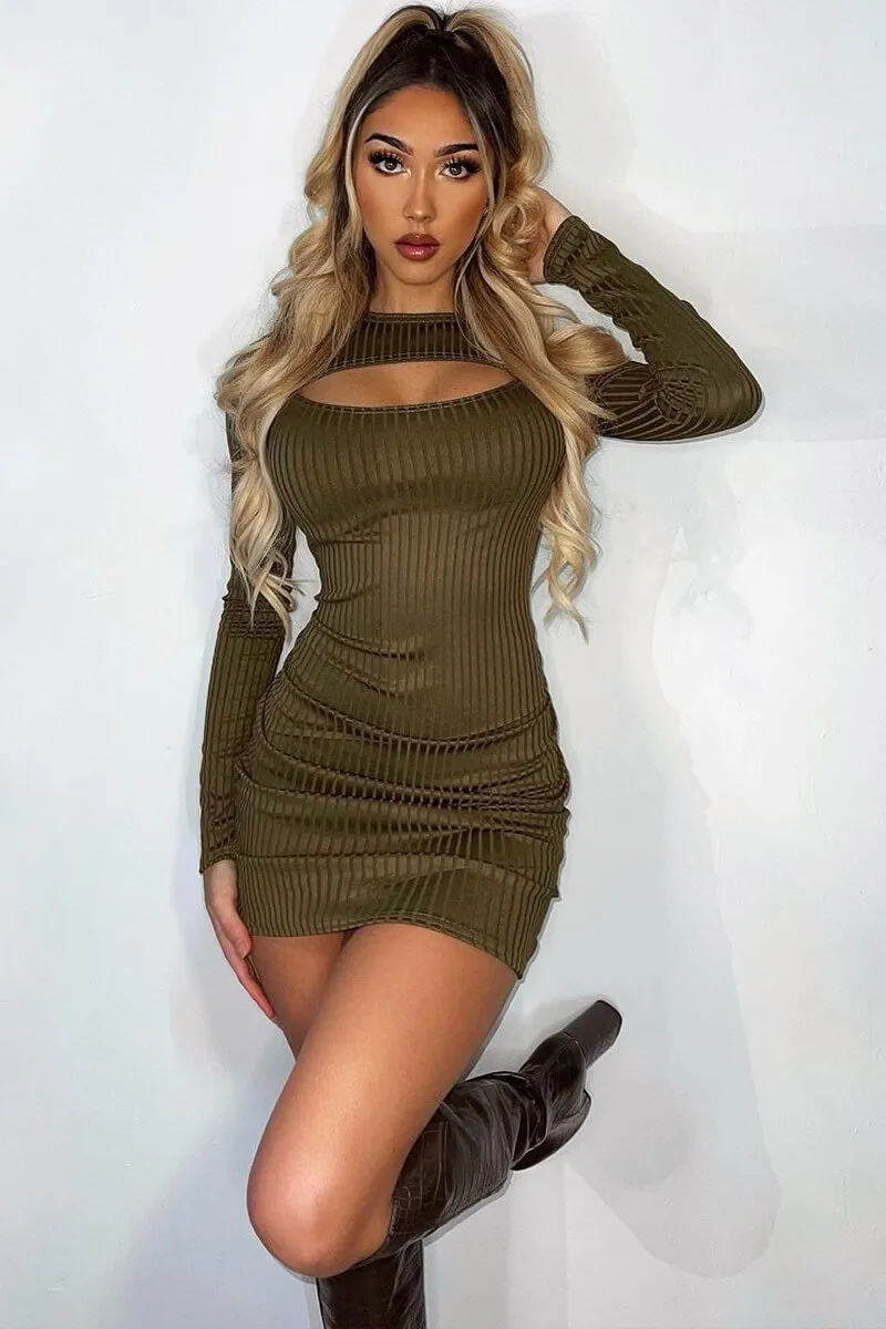 Khaki Mini Dress with Ribbed Texture and Cut Out Details - Ayana