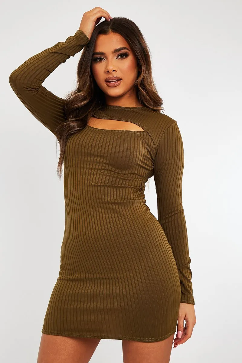 Khaki Mini Dress with Ribbed Texture and Cut Out Details - Ayana