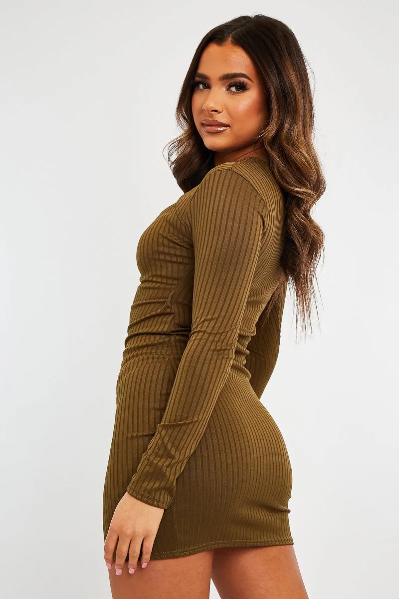 Khaki Mini Dress with Ribbed Texture and Cut Out Details - Ayana