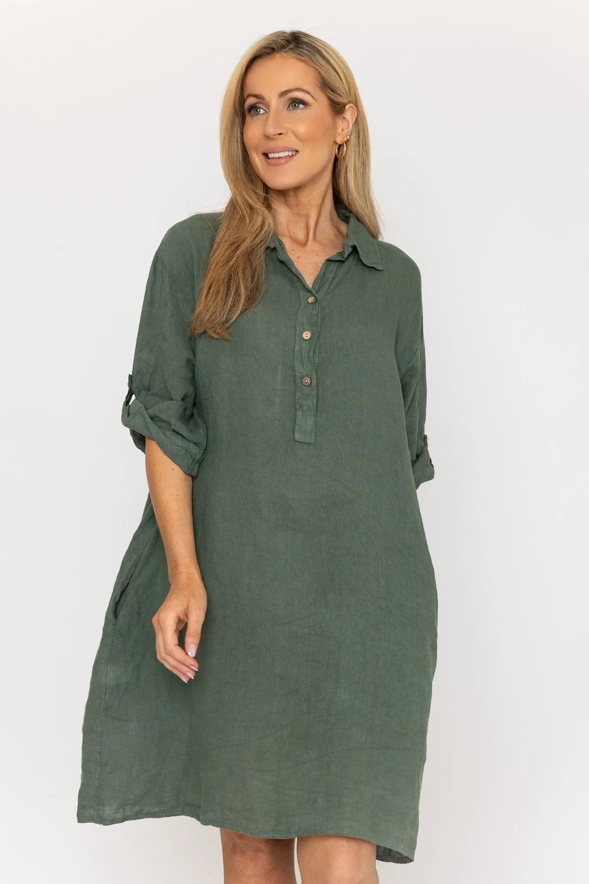 Knee Length Khaki Linen Dress