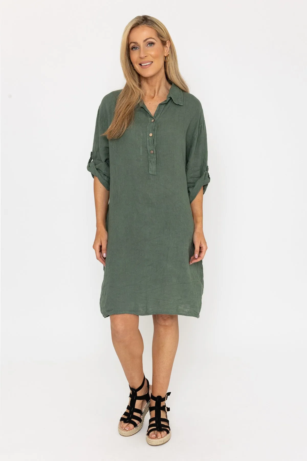 Knee Length Khaki Linen Dress